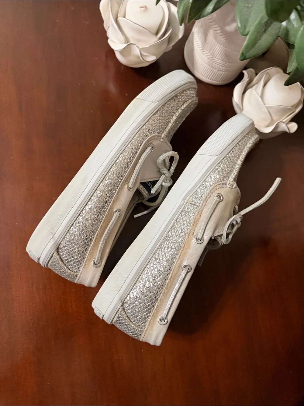 Sperry Topsiders Size 8.5M Metallic Silver Glitter Boat Shoes